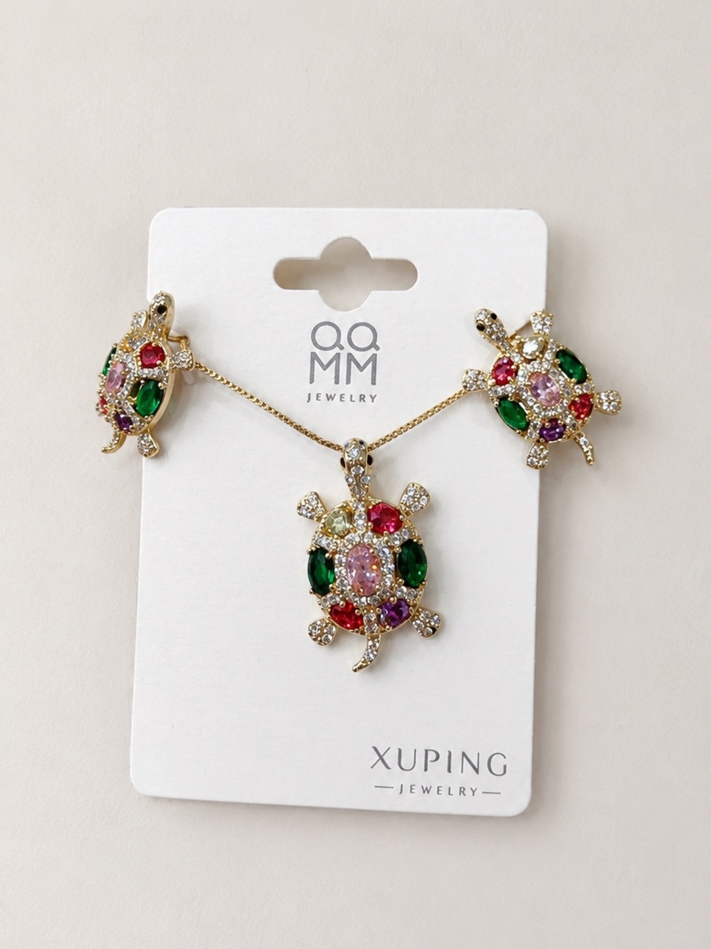 Xuping Gold-Tone Turtle Pendant Necklace with Multicolor Gemstones
